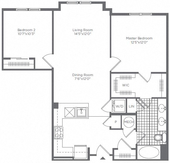 Floor plan for 2 beds, 1 bath, 976 sqft
