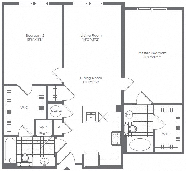 Floor plan for 2 beds, 2 baths, 1143 sqft