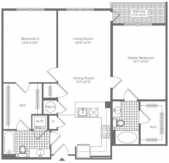 Floor plan for 2 beds, 2 baths, 1091 sqft