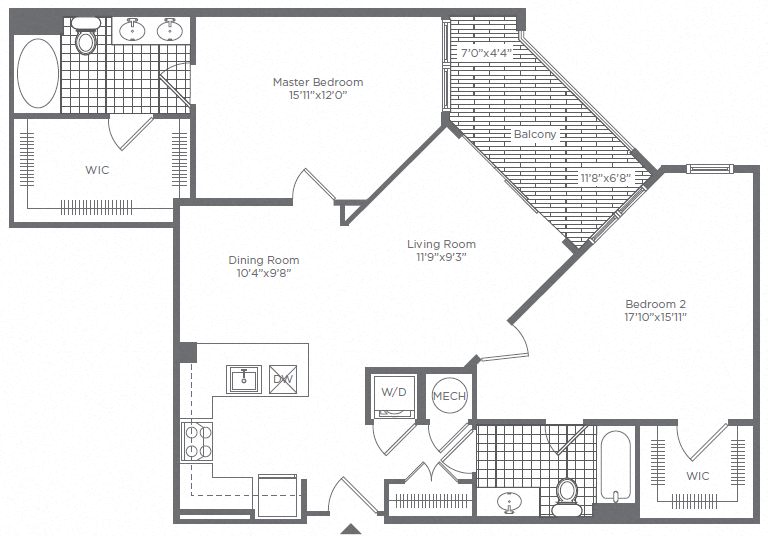 Floor plan for 2 beds, 2 baths, 1162 sqft