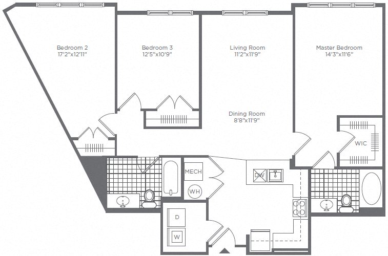 Floor plan for 3 beds, 2 baths, 1294 sqft