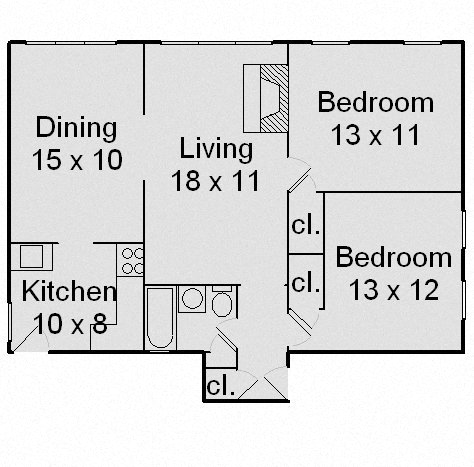 Floor plan for 2 beds, 1 bath