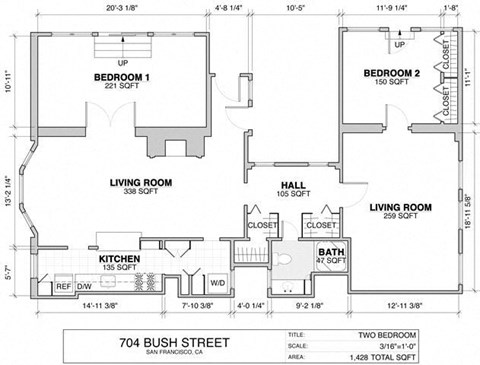 Floor plan for 2 beds, 1 bath, 1428 sqft