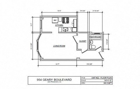Floor plan for studio, 1 bath, 343 sqft