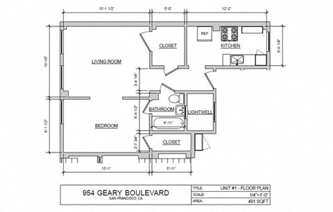 Floor plan for 1 bed, 1 bath, 491 sqft