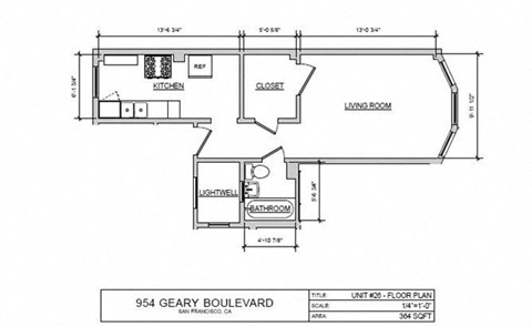 Floor plan for studio, 1 bath, 364 sqft