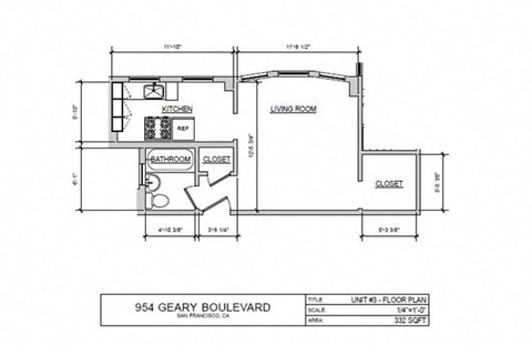 Floor plan for studio, 1 bath, 332 sqft