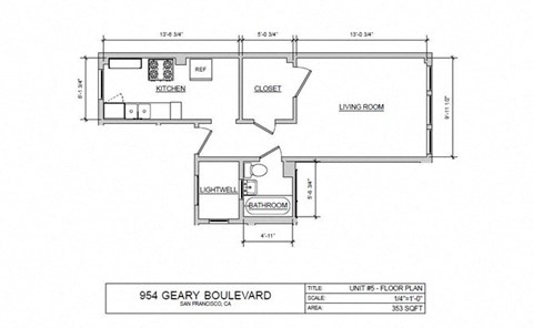 Floor plan for studio, 1 bath, 353 sqft