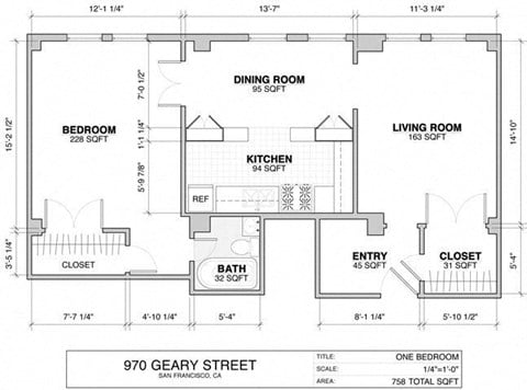 Floor plan for 1 bed, 1 bath, 437 sqft