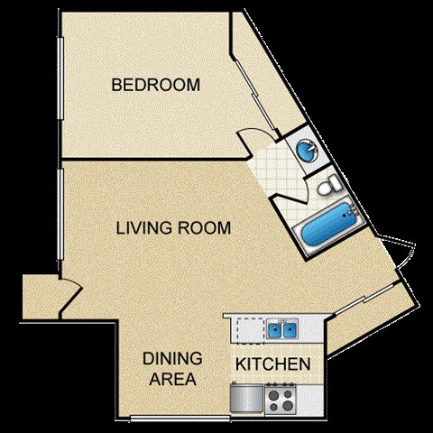 Floor plan for 1 bed, 1 bath, 620 sqft