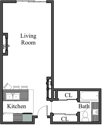 Floor plan for studio, 1 bath, 500 sqft