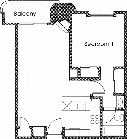 Floor plan for 1 bed, 1 bath, 636 sqft