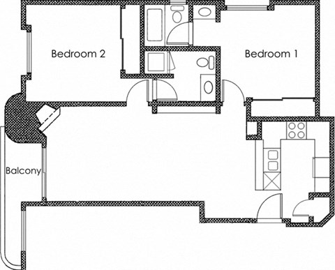 Floor plan for 2 beds, 2 baths, 889 sqft