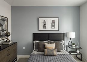 Jersey City apartment for rent - a bedroom with a bed and a picture of a vintage camera