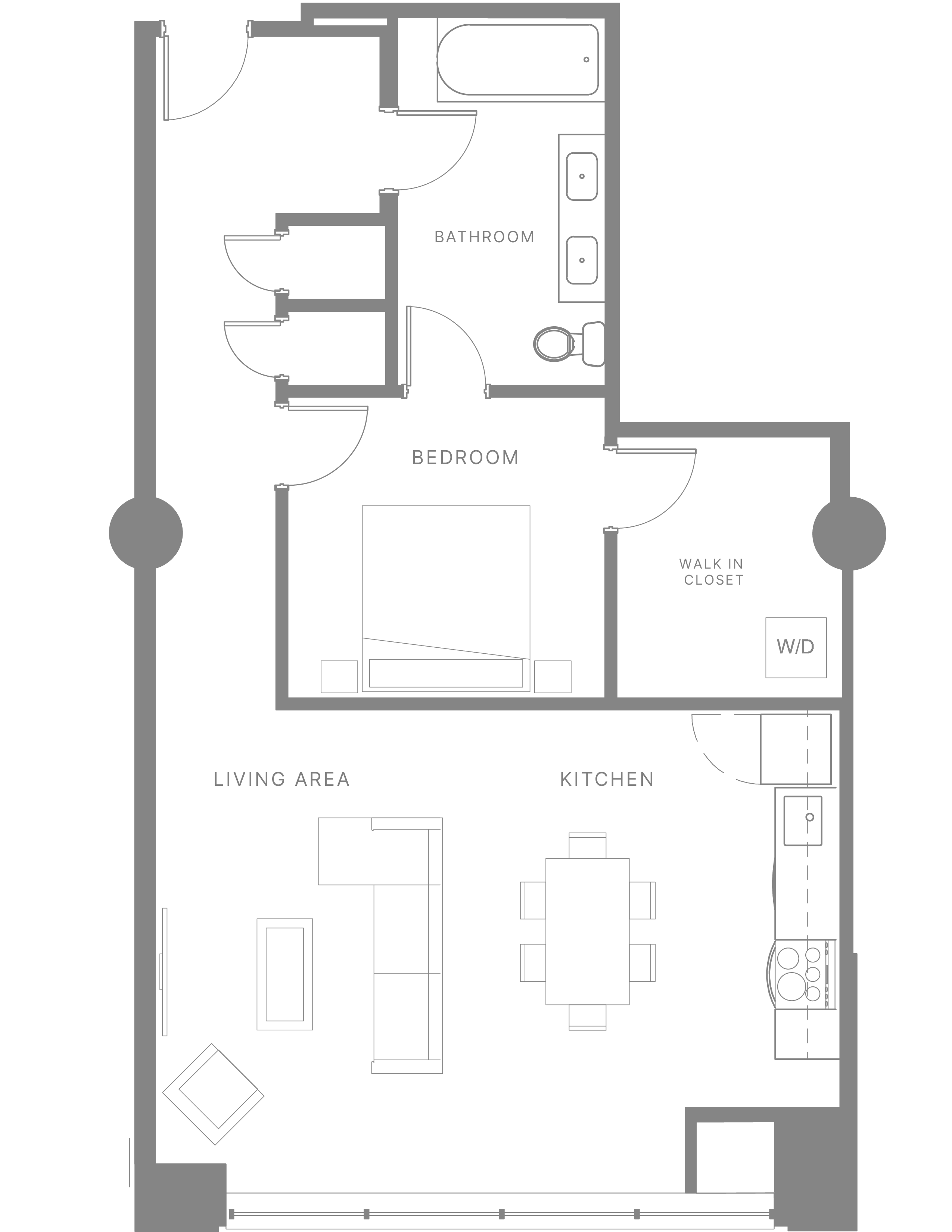 Floor plan for 1 bed, 1 bath, 1070 sqft