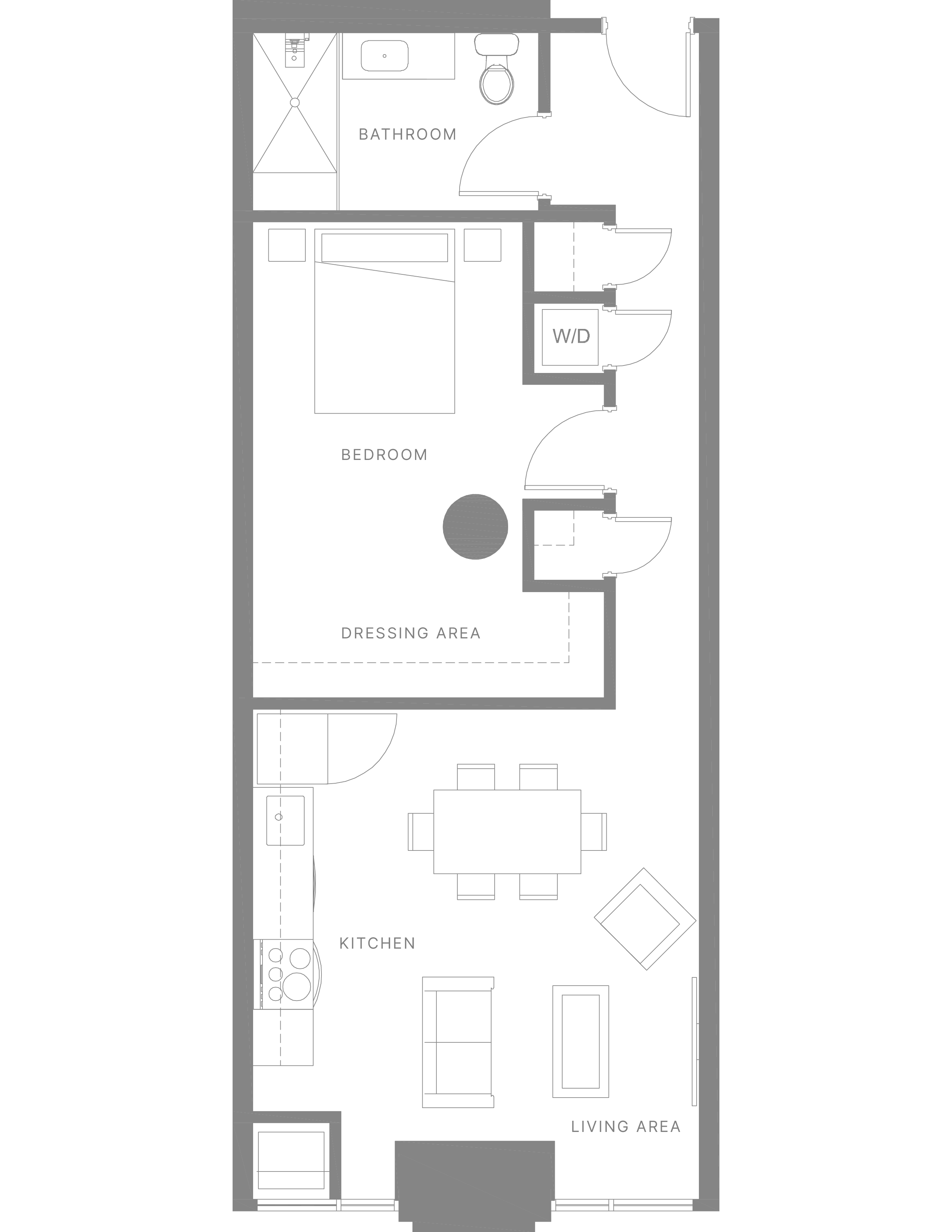Floor plan for 1 bed, 1 bath, 800 sqft