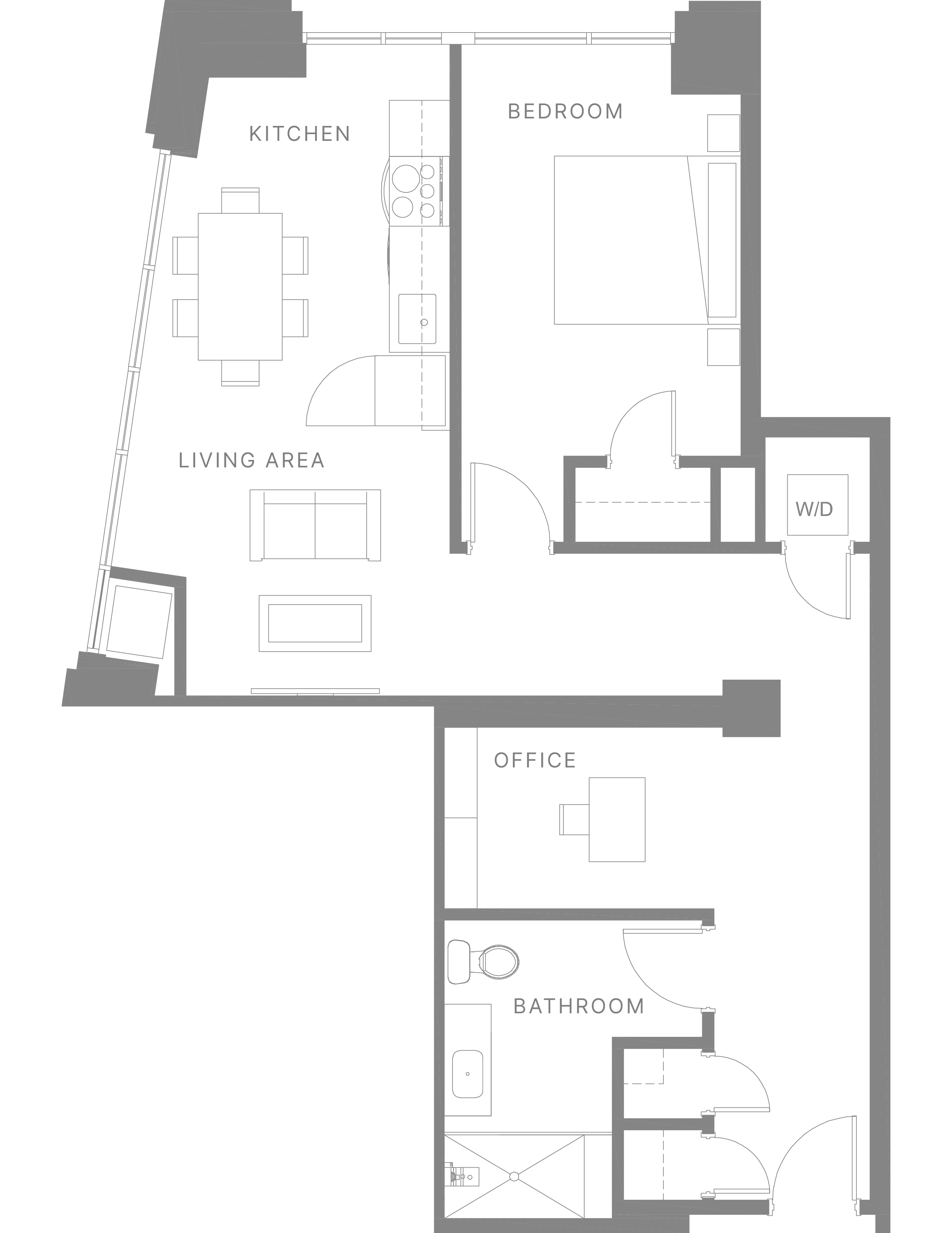 Floor plan for 1 bed, 1 bath, 880 sqft