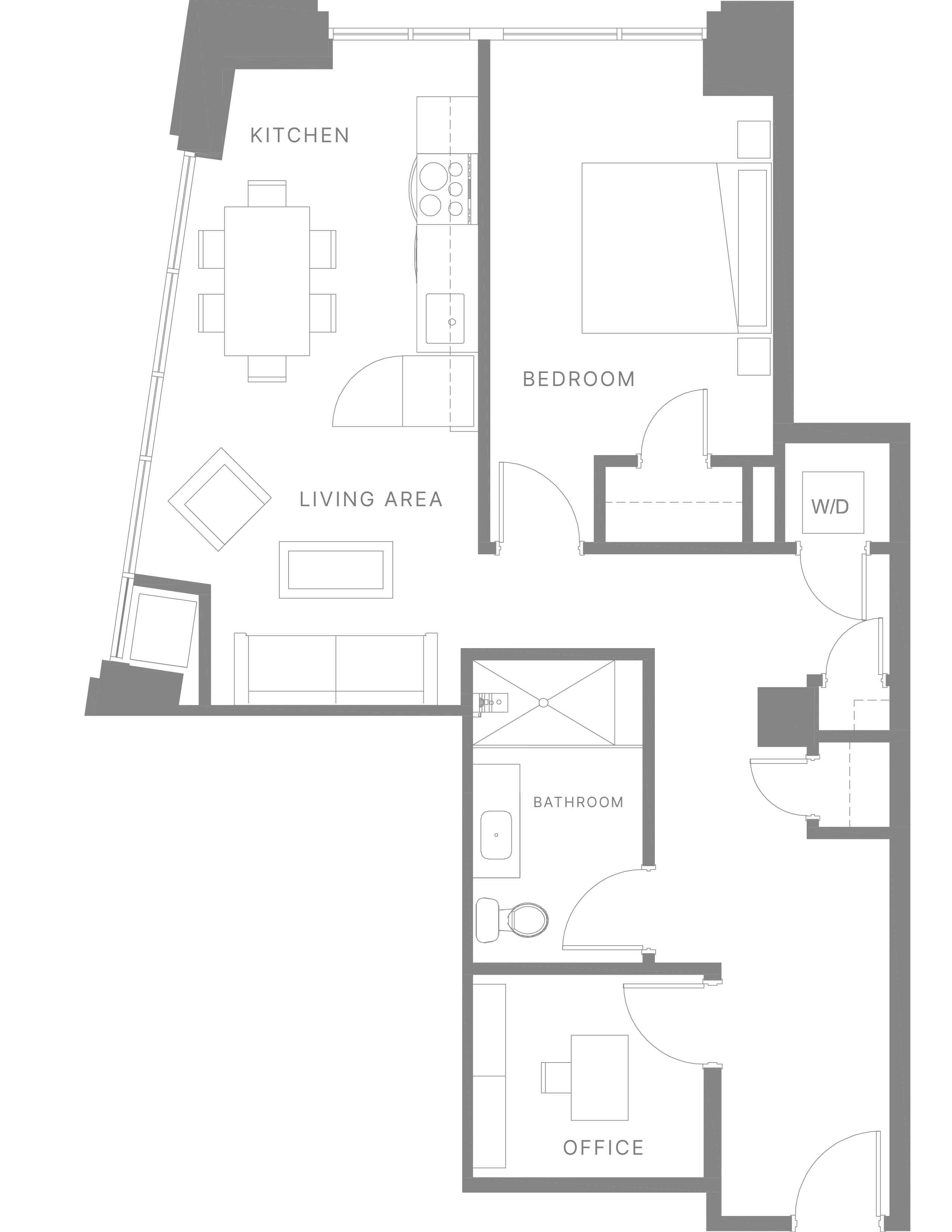 Floor plan for 1 bed, 1 bath, 880 sqft