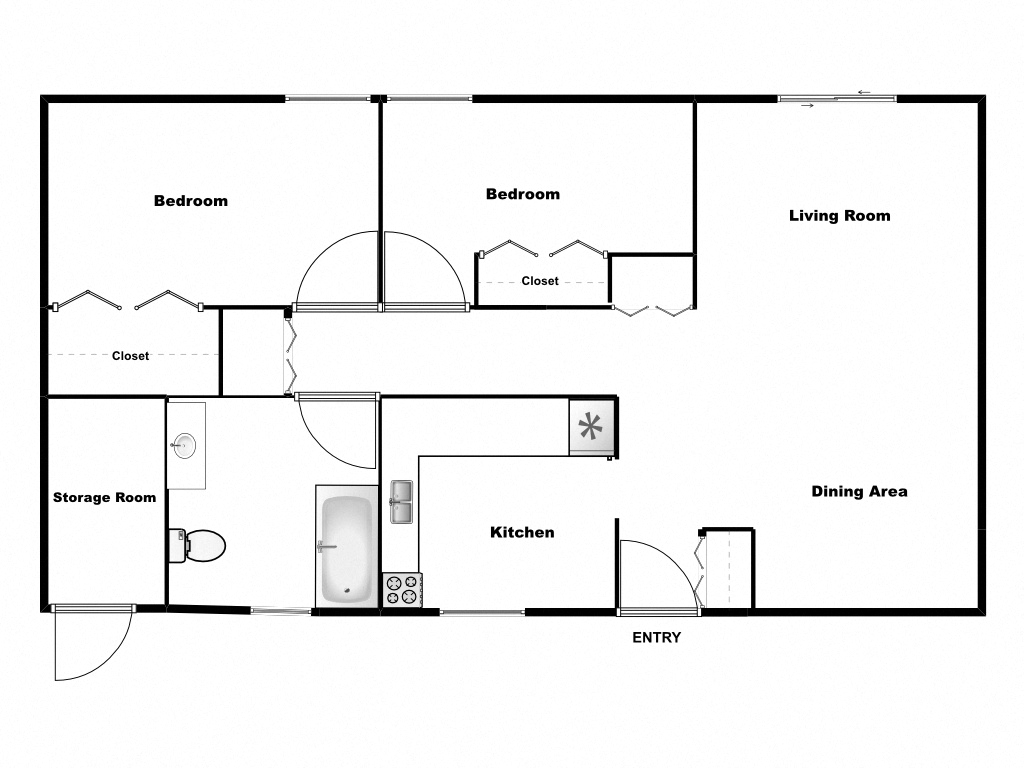 Floor plan for 2 beds, 1 bath, 945 sqft