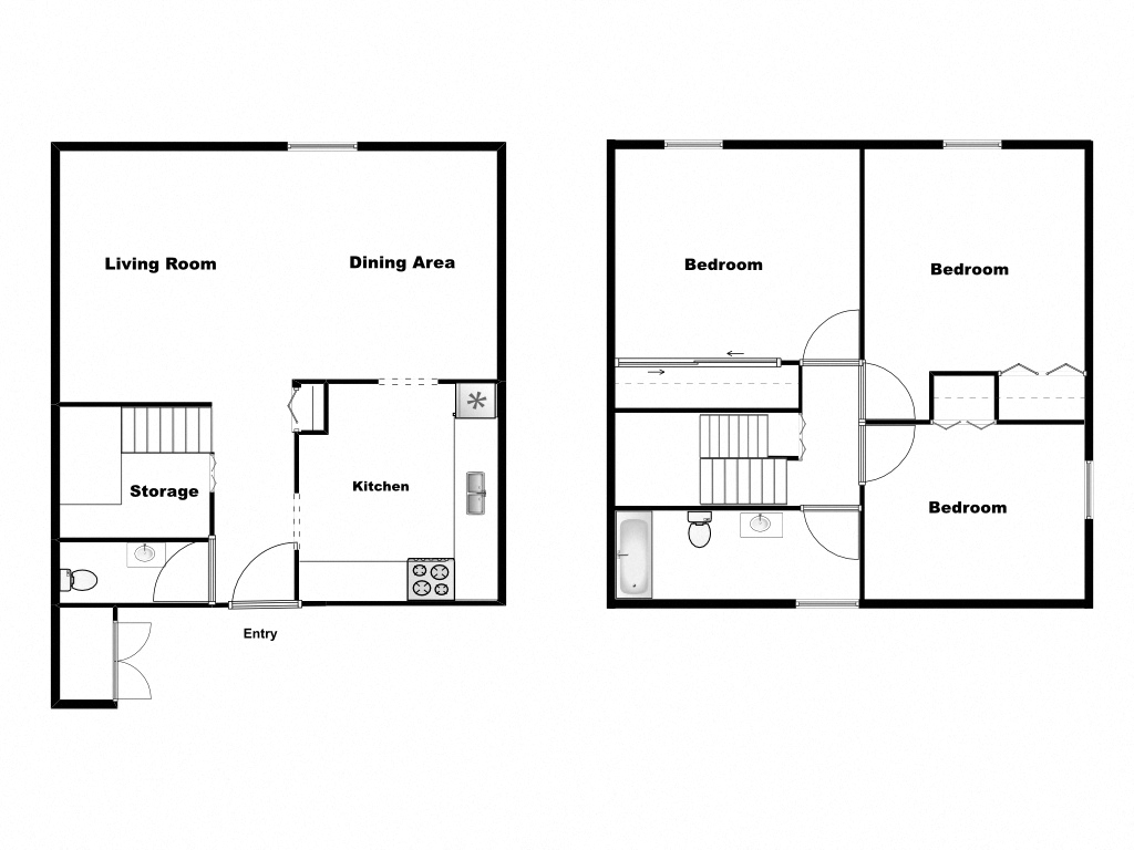Floor plan for 3 beds, 1.5 baths, 1135 sqft