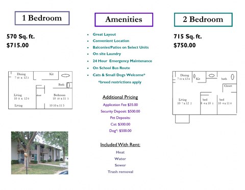 Floor plan for 1 bed, 1 bath, 570 sqft