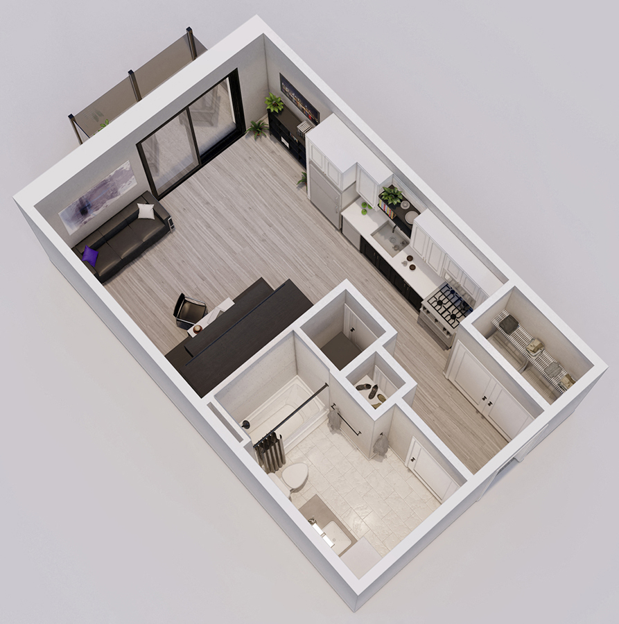 Floor plan for studio, 1 bath, 424 sqft