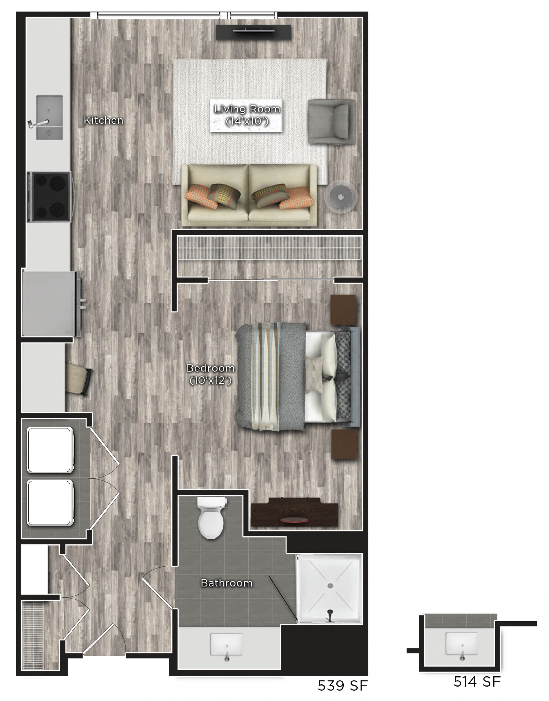 Floor plan for studio, 1 bath, 560 sqft