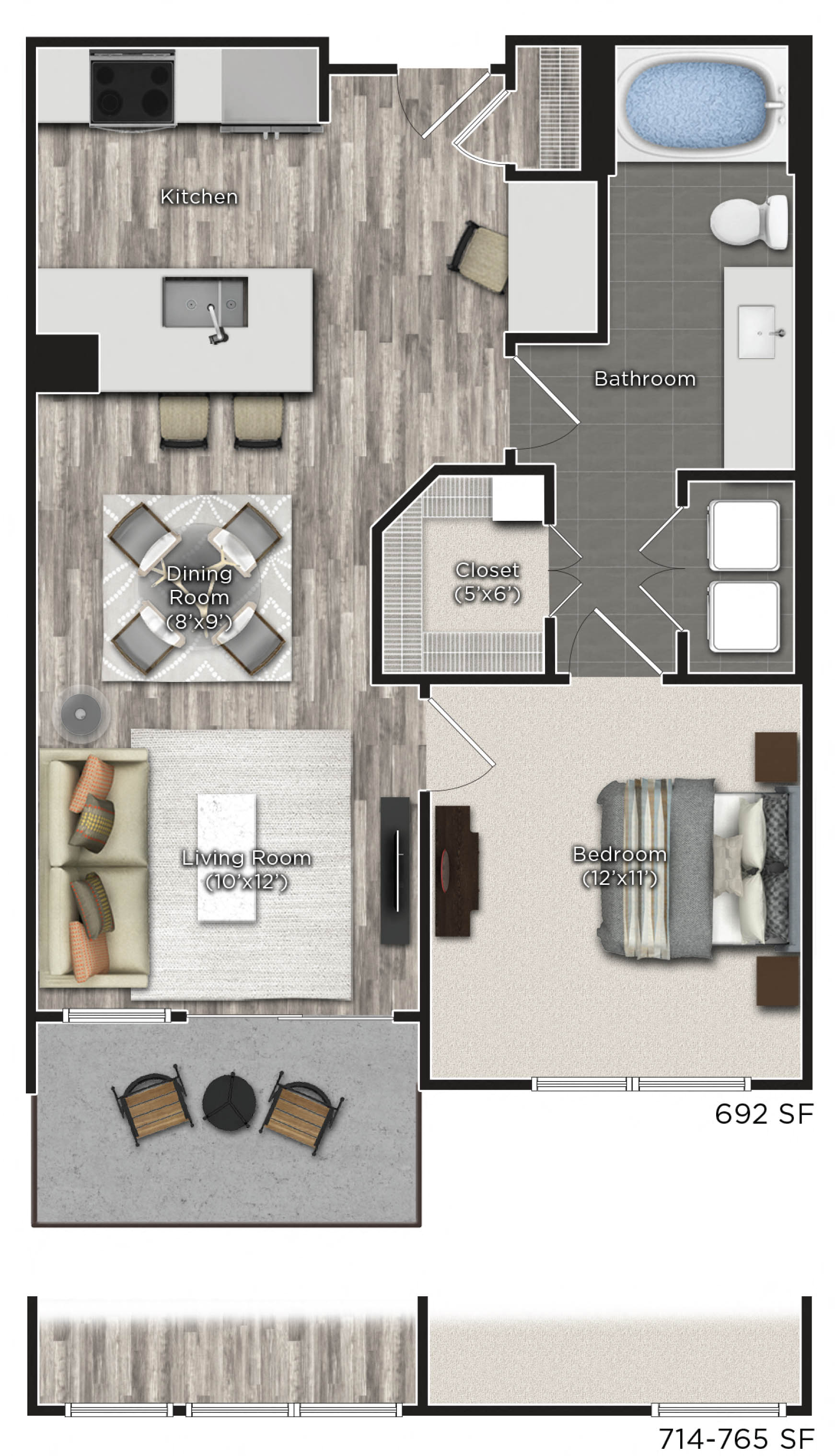 Floor plan for 1 bed, 1 bath, 692 sqft