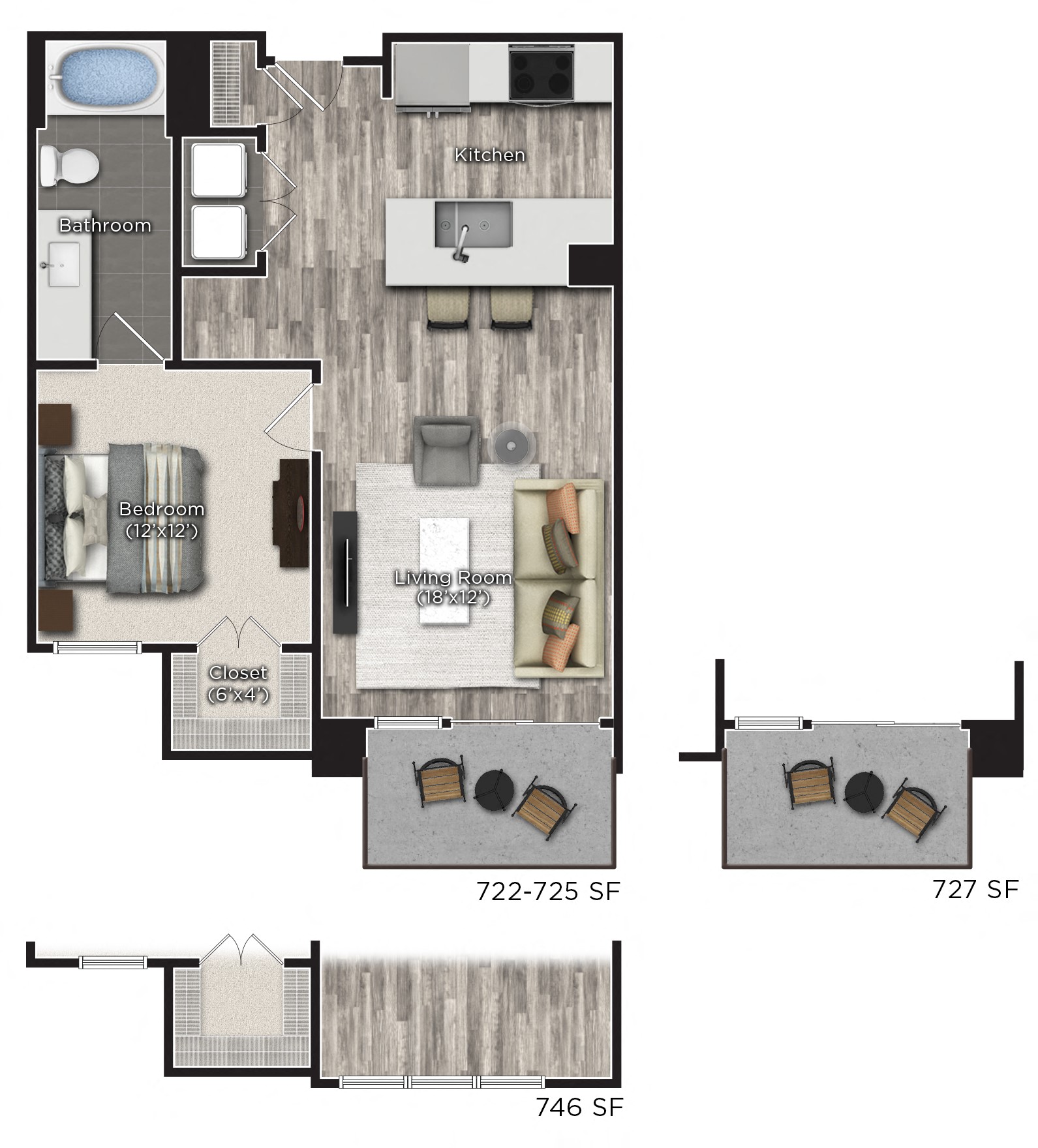 Floor plan for 1 bed, 1 bath, 722 sqft