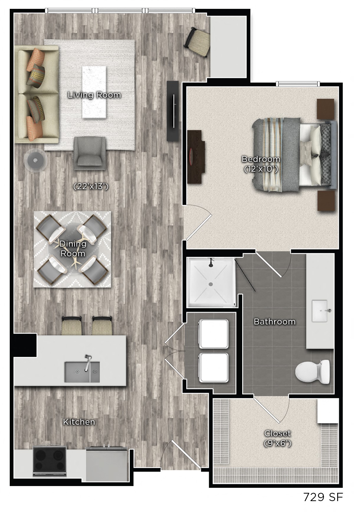 Floor plan for 1 bed, 1 bath, 729 sqft