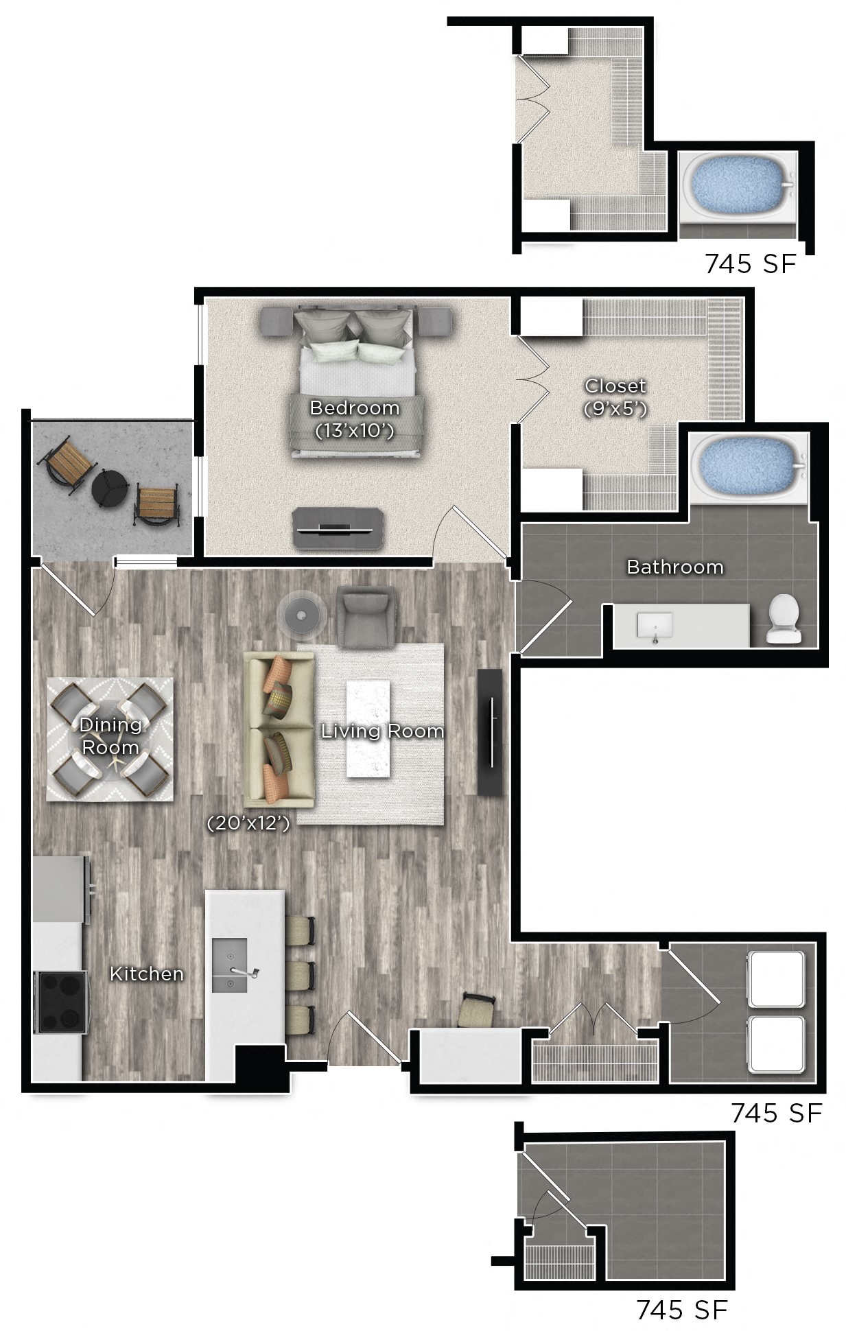 Floor plan for 1 bed, 1 bath, 745 sqft