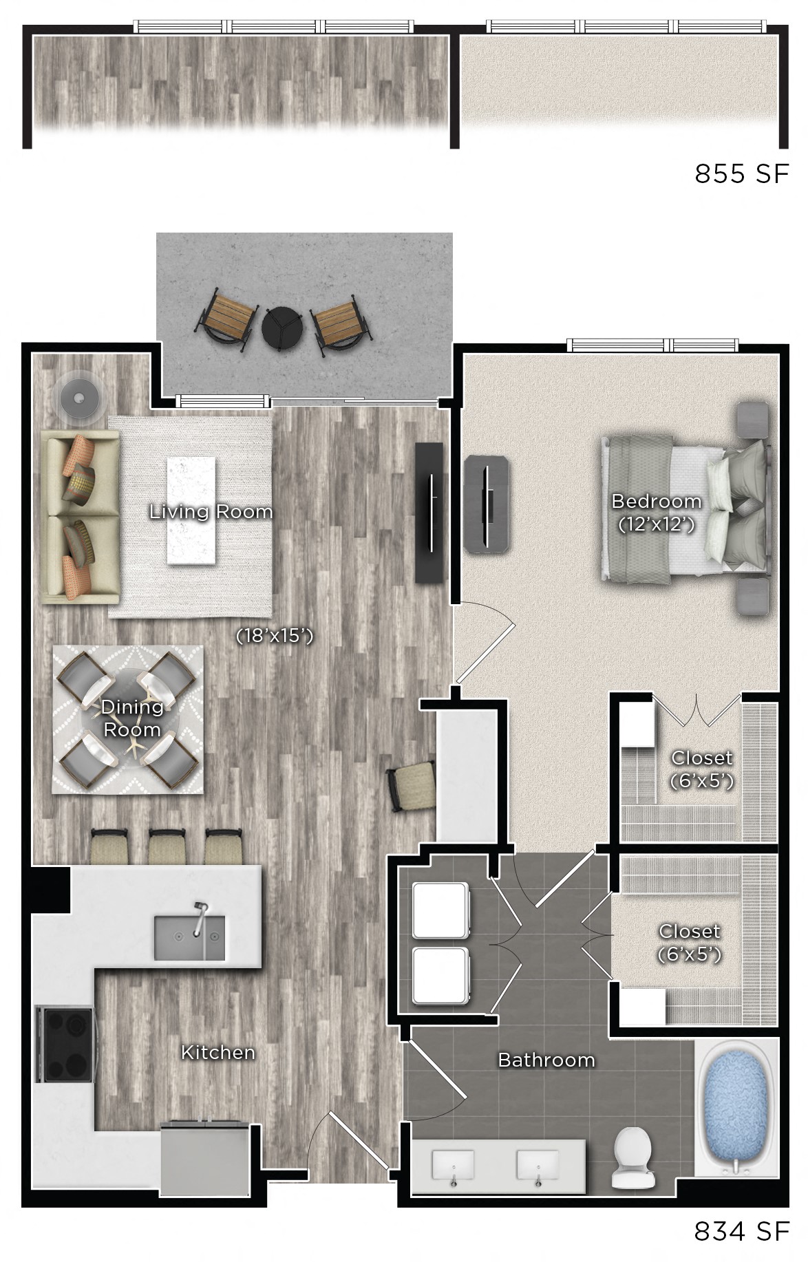 Floor plan for 1 bed, 1 bath, 834 sqft