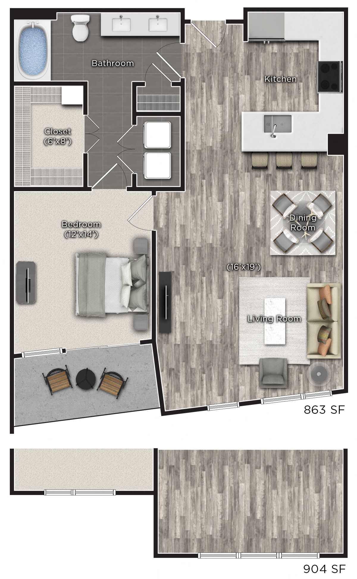 Floor plan for 1 bed, 1 bath, 899 sqft