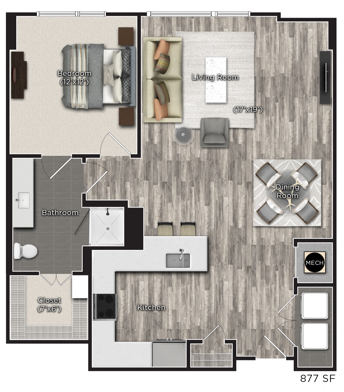 Floor plan for 1 bed, 1 bath, 877 sqft