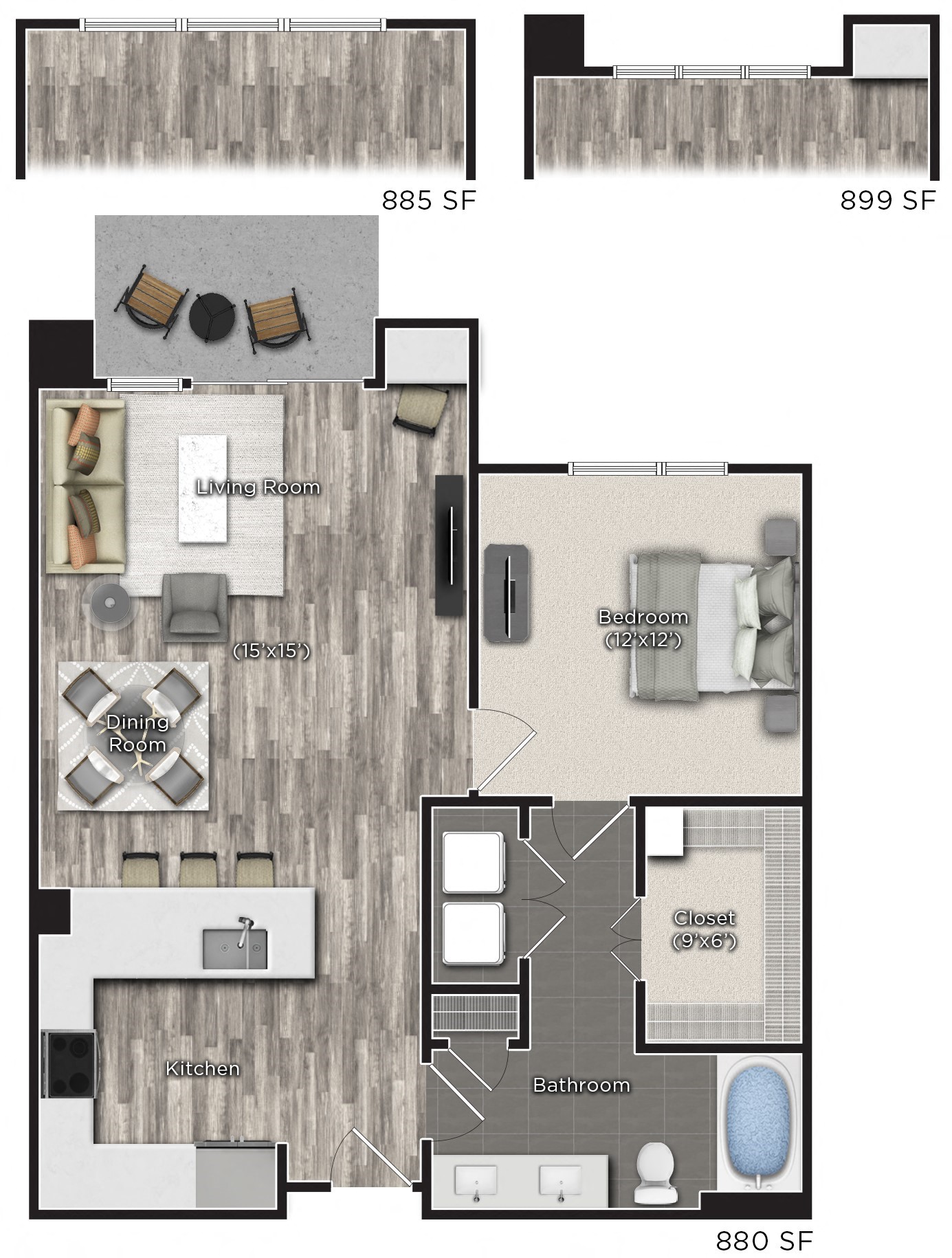 Floor plan for 1 bed, 1 bath, 885 sqft