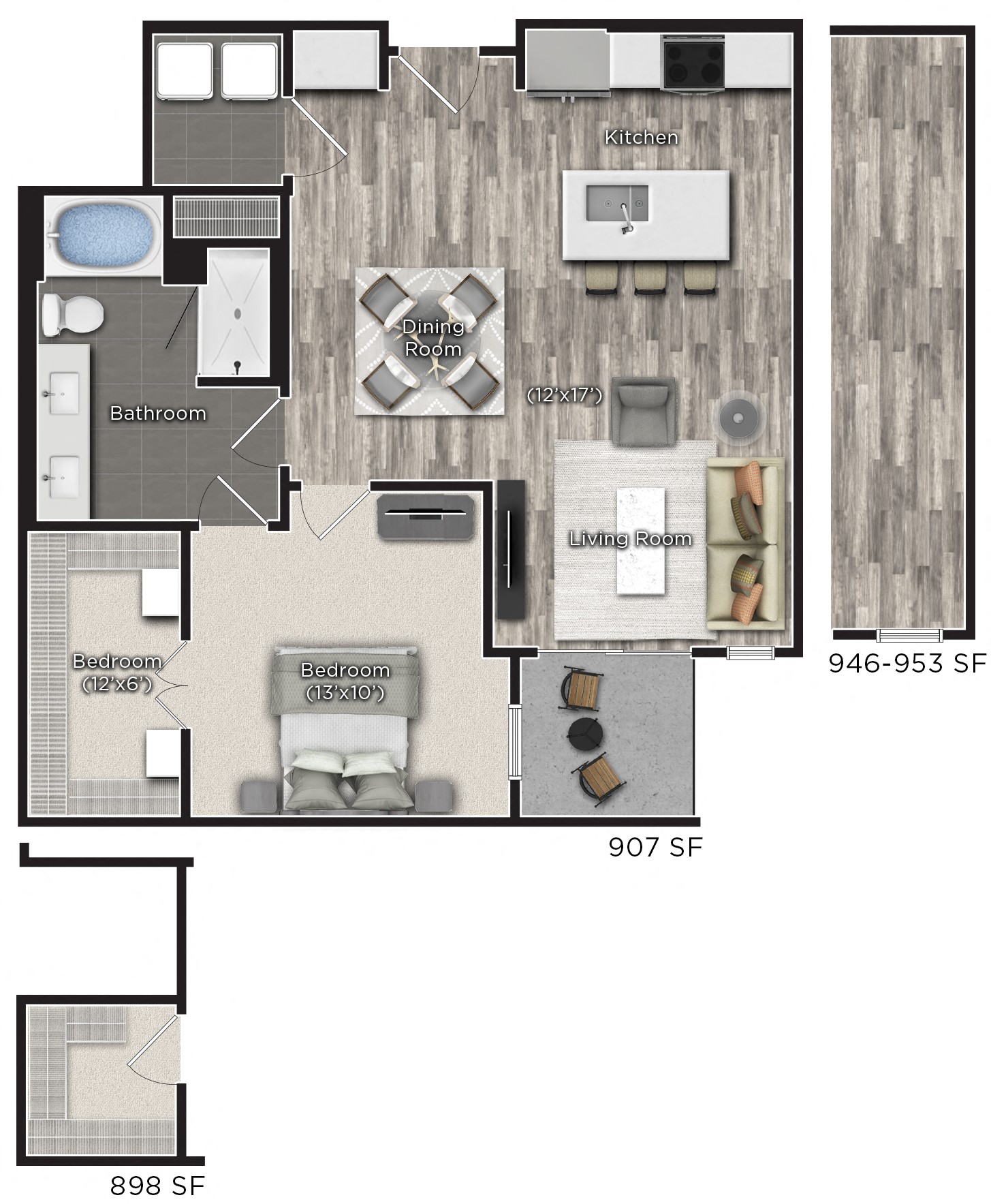 Floor plan for 1 bed, 1 bath, 949 sqft