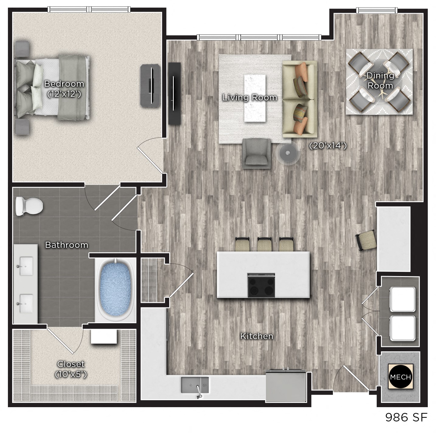 Floor plan for 1 bed, 1 bath, 986 sqft
