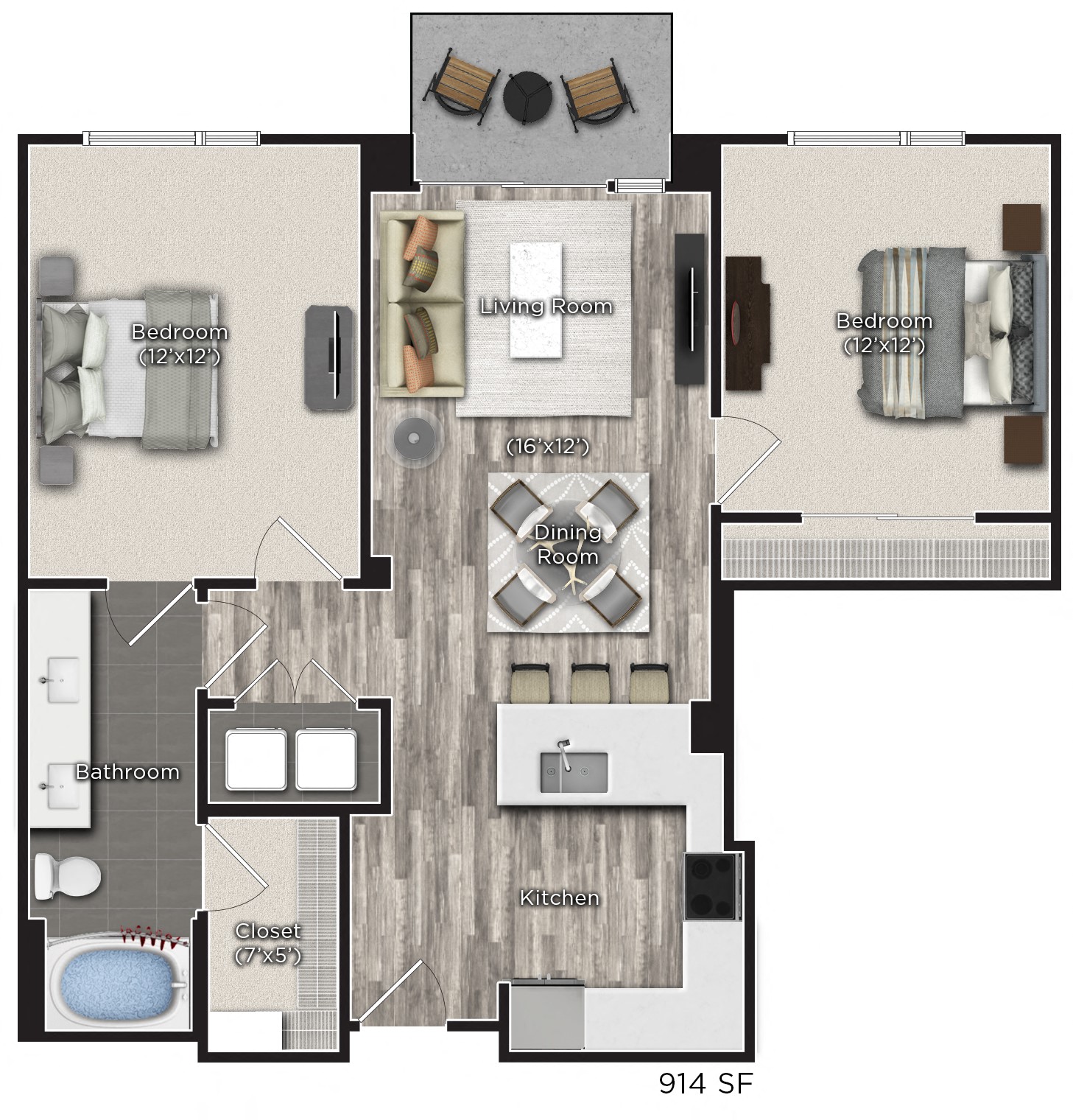 Floor plan for 2 beds, 1 bath, 914 sqft