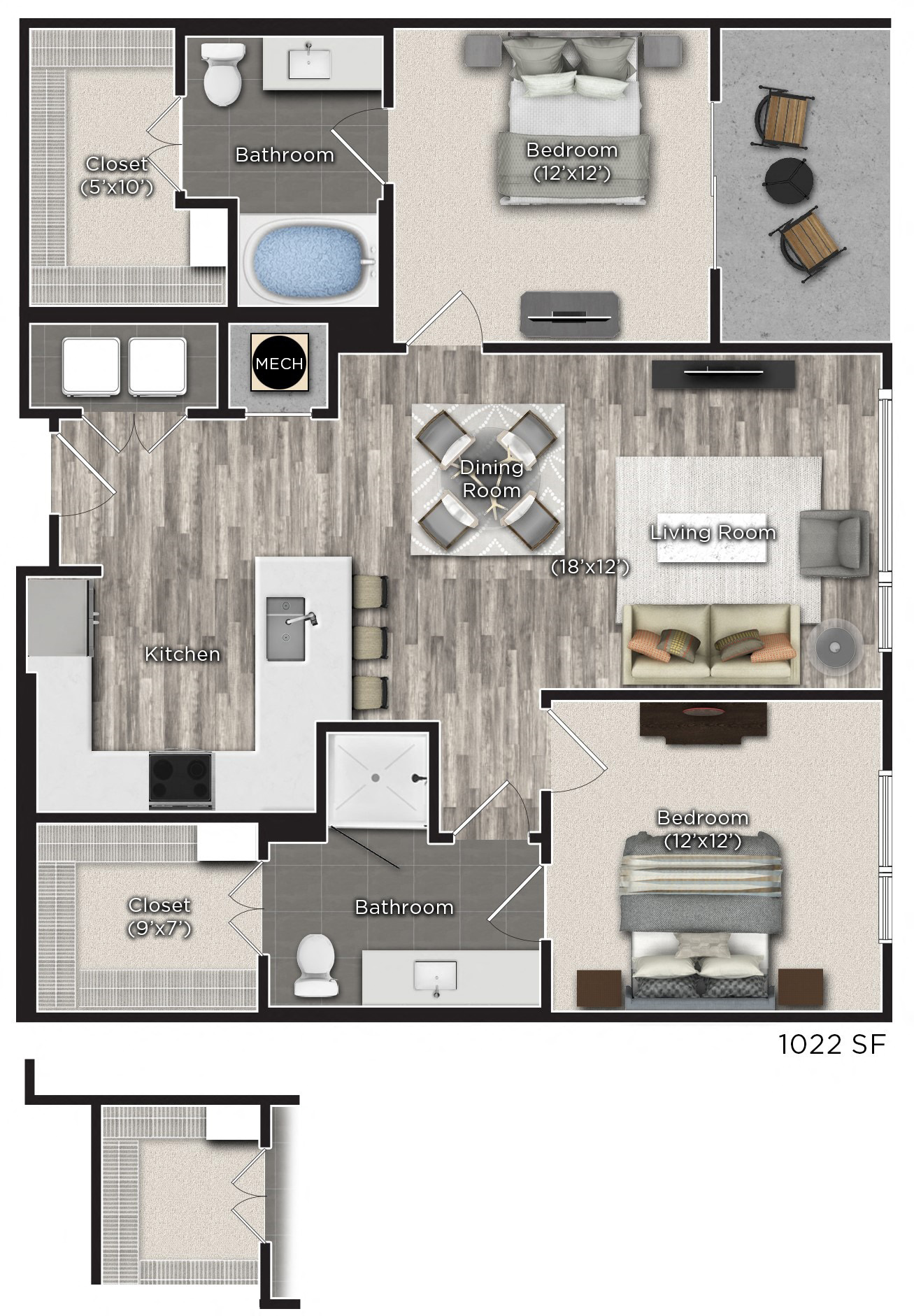 Floor plan for 2 beds, 2 baths, 1022 sqft