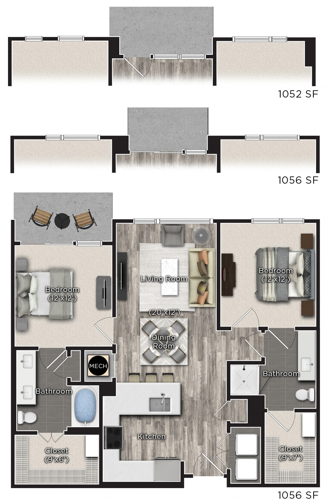 Floor plan for 2 beds, 2 baths, 1052 sqft