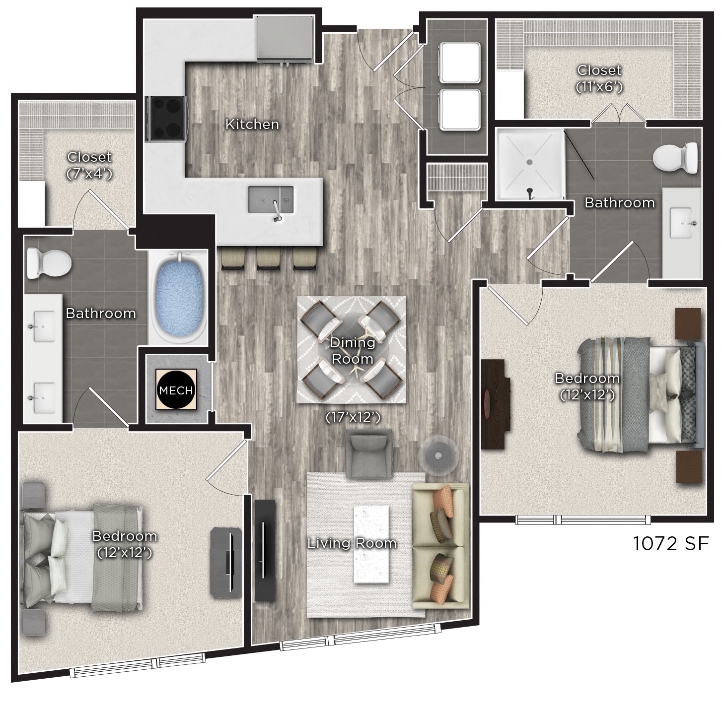 Floor plan for 2 beds, 2 baths, 1072 sqft