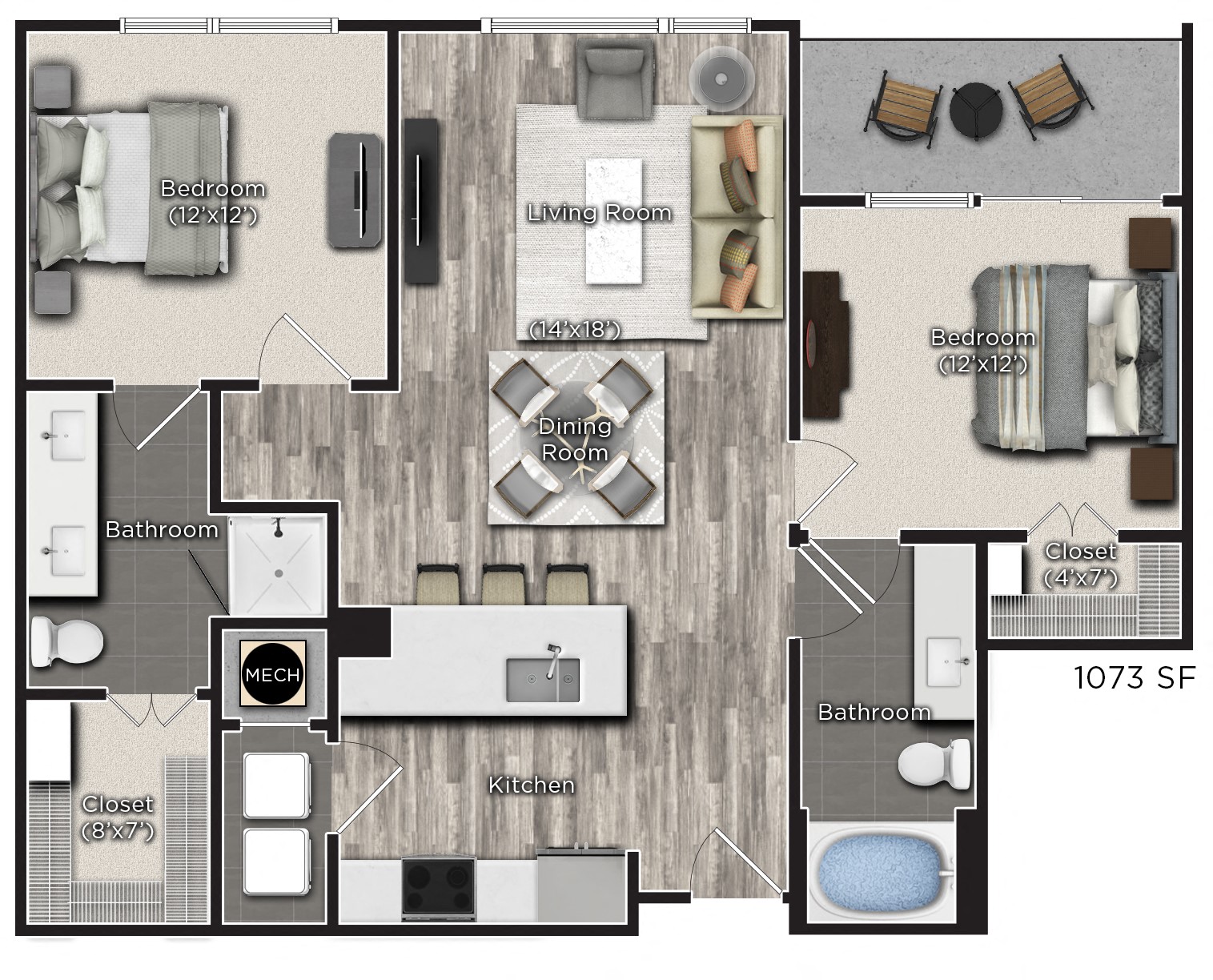 Floor plan for 2 beds, 2 baths, 1073 sqft