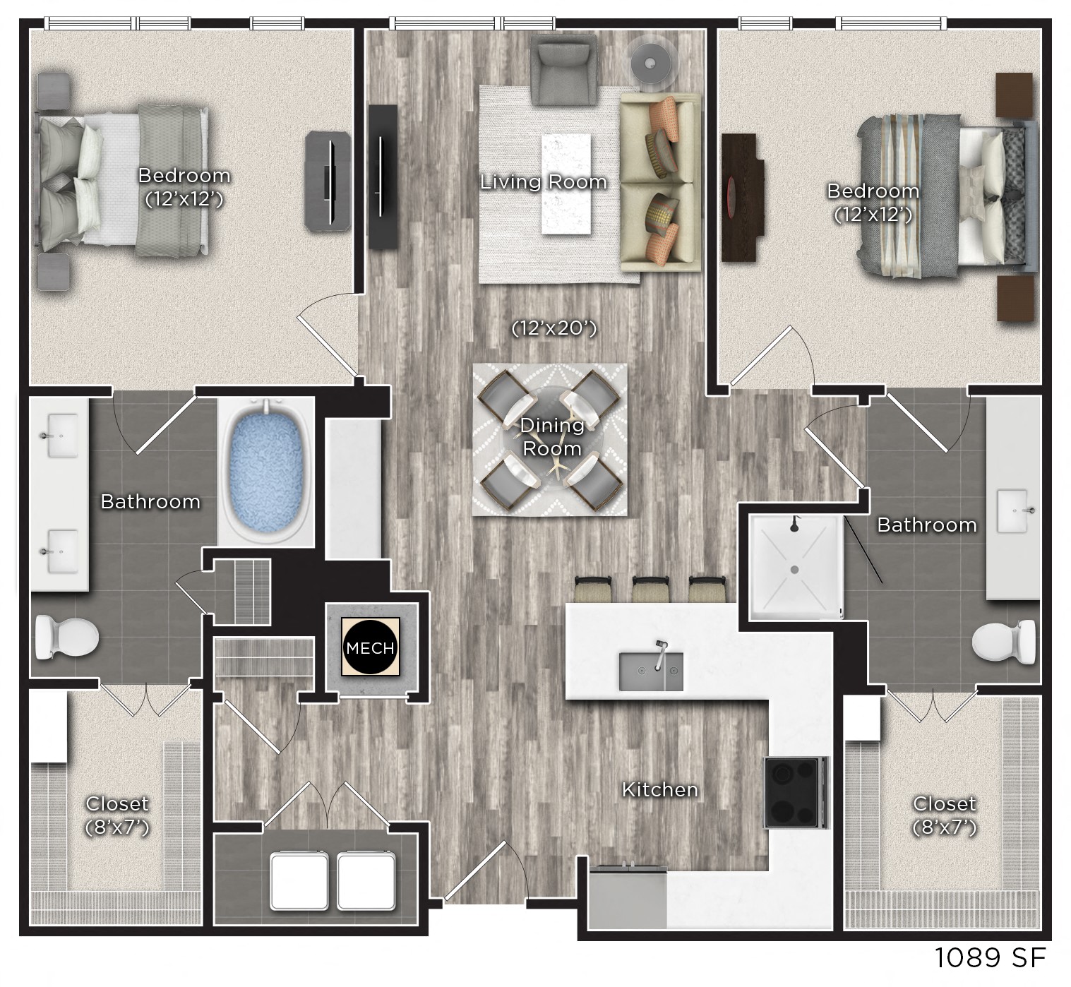 Floor plan for 2 beds, 2 baths, 1089 sqft