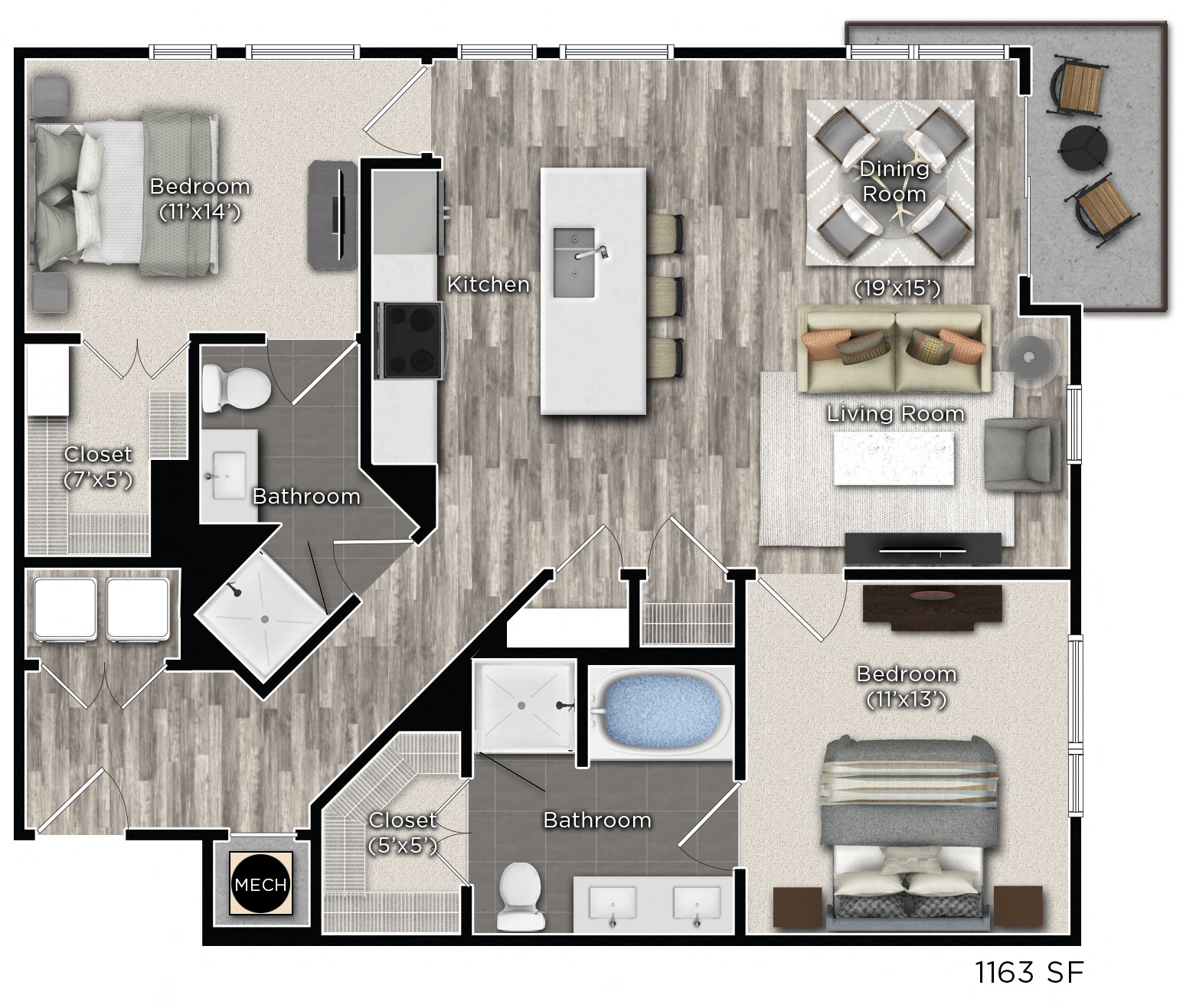 Floor plan for 2 beds, 2 baths, 1163 sqft