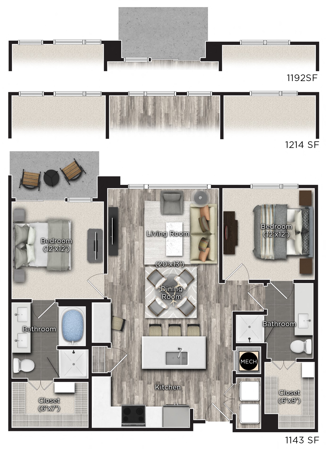Floor plan for 2 beds, 2 baths, 1192 sqft