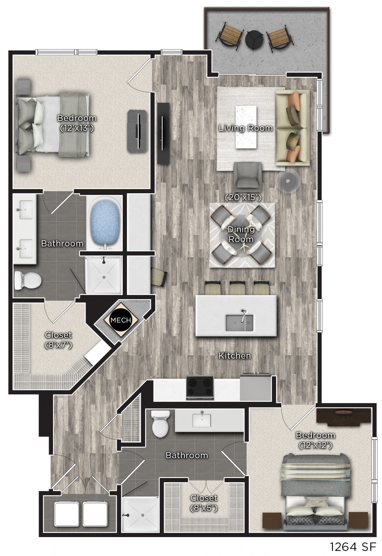 Floor plan for 2 beds, 2 baths, 1264 sqft