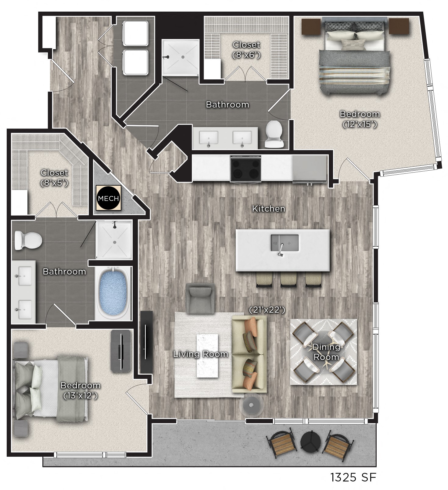 Floor plan for 2 beds, 2 baths, 1325 sqft