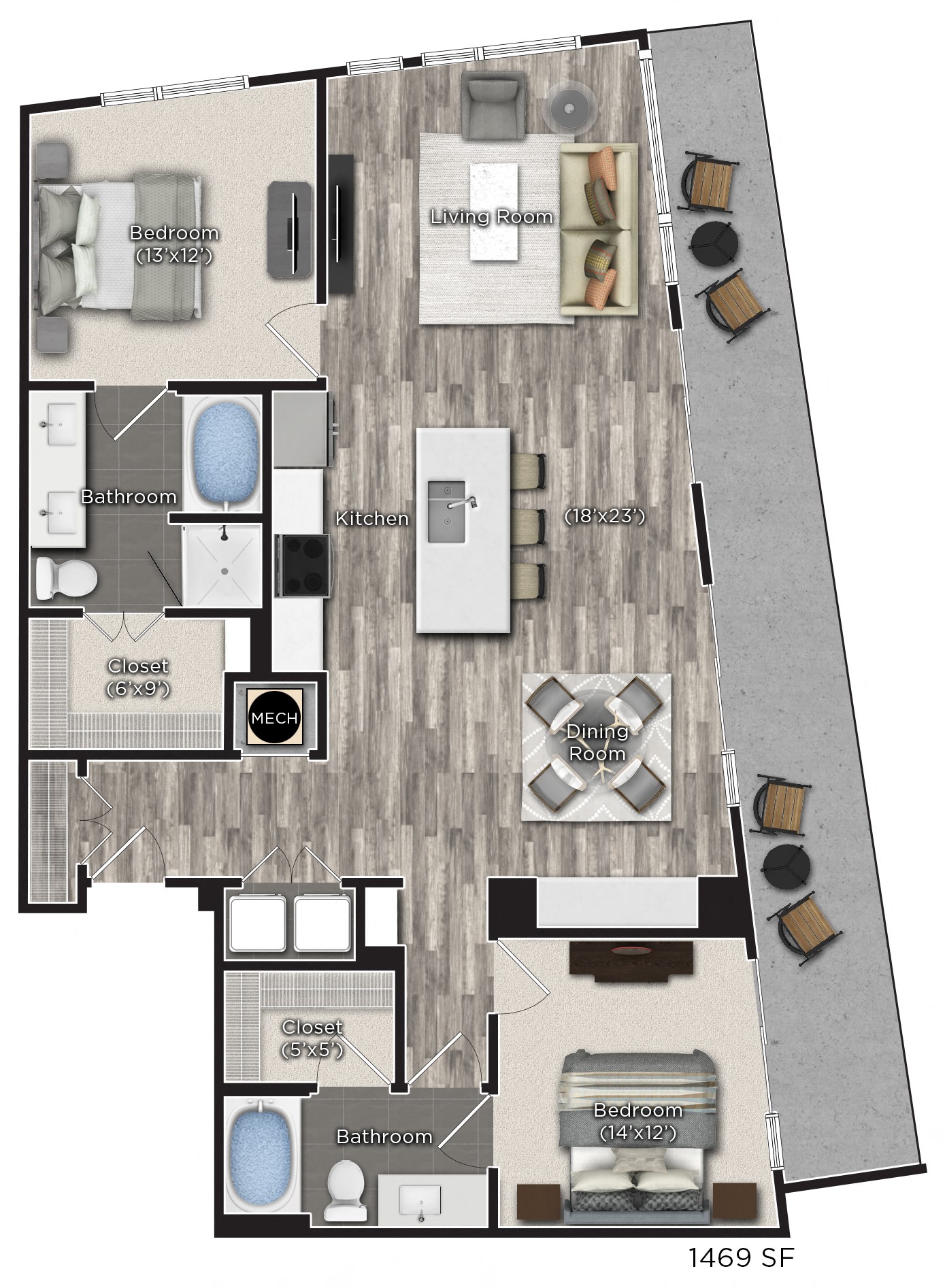 Floor plan for 2 beds, 2 baths, 1469 sqft