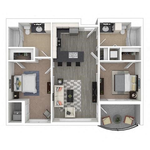 Floor plan for 2 beds, 2 baths, 907 sqft