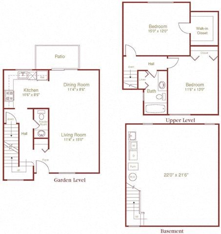 Floor plan for 2 beds, 1.5 baths, 1100 sqft